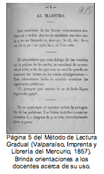 Pgina 5 del Mtodo de Lectura Gradual (Valparaso, Imprenta y Librera del Mercurio, 1857). Brinda orientaciones a los docentes acerca de su uso.  