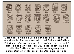 Calendario Haab que se basaba en el recorrido anual de la Tierra alrededor del Sol en 365 días. Estaba conformado por 18 winales (ciclos de 20 dias) dando un total de 360 días; a los que se añadía 5 días más llamados wayeb para completar un ciclo solar de 365 días por año. 