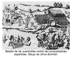 Batalla de los querandes contra los conquistadores espaoles. Dibujo de Ulrico Schmidl.