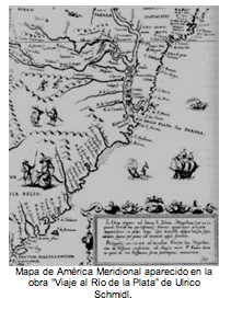 Mapa de Amrica Meridional aparecido en la obra Viaje al Ro de la Plata de Ulrico Schmidl.  