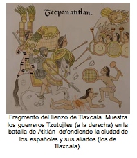 Fragmento del lienzo de Tlaxcala. Muestra los guerreros Tzutujiles (a la derecha) en la batalla de Atitlán  defendiendo la ciudad de los españoles y sus aliados (los de Tlaxcala). 