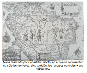 Mapa realizado por Sebastián Caboto, en el que se representan no sólo los territorios, sino también, los recursos naturales y sus habitantes.  