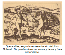 Querandíes, según la representación de Ulrico Schimdl. Se pueden observar armas y fauna y flora circundante. 