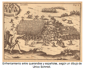 Enfrentamiento entre querandíes y españoles, según un dibujo de Ulrico Schmidl. 