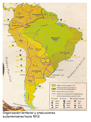 Text Box:   Organizaciï¿½n territorial y producciones  sudamericanas hacia 1812. 