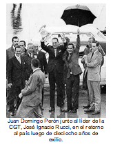Juan Domingo Perón junto al líder de la CGT, José Ignacio Rucci, en el retorno al país luego de dieciocho años de exilio. 