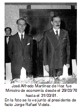 José Alfredo Martínez de Hoz fue Ministro de economía desde el 29/03/76 hasta el 31/03/81. En la foto se lo ve junto al presidente de facto Jorge Rafael Videla.  