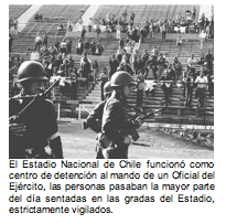 El Estadio Nacional de Chile funcion como centro de detencin al mando de un Oficial del Ejrcito, las personas pasaban la mayor parte del da sentadas en las gradas del Estadio, estrictamente vigilados.  