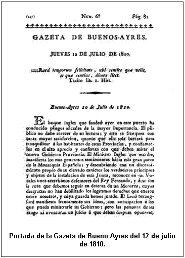 Portada de la Gazeta de Bueno Ayres del 12 de julio de 1810.    