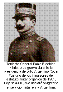 Teniente General Pablo Ricchieri, ministro de guerra durante la presidencia de Julio Argentino Roca.   Fue uno de los impulsores del estatuto militar orgánico de 1901, Ley N° 4301, que declaró obligatorio el servicio militar en la Argentina.   