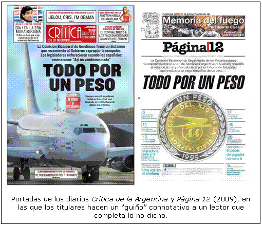 Portadas de los diarios Crtica de la Argentina y Pgina 12 (2009), en las que los titulares hacen un guio connotativo a un lector que completa lo no dicho.  