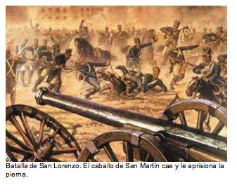Text Box:   Batalla de San Lorenzo. El caballo de San Martn cae y le aprisiona la pierna.  