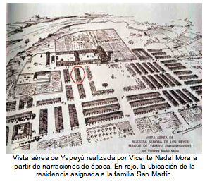 Text Box:   Vista area de Yapey realizada por Vicente Nadal Mora a partir de narraciones de poca. En rojo, la ubicacin de la residencia asignada a la familia San Martn.  
